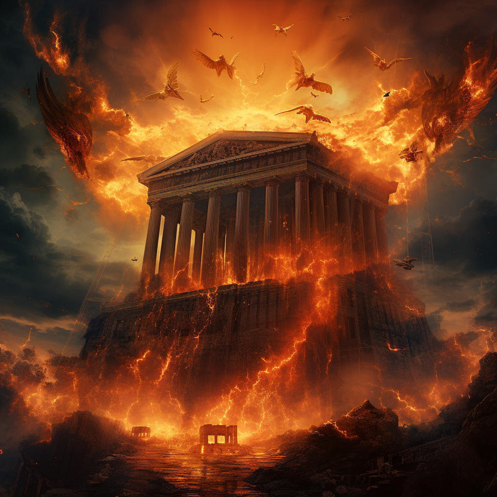 Massive angry gods above burning Arthemis Temple