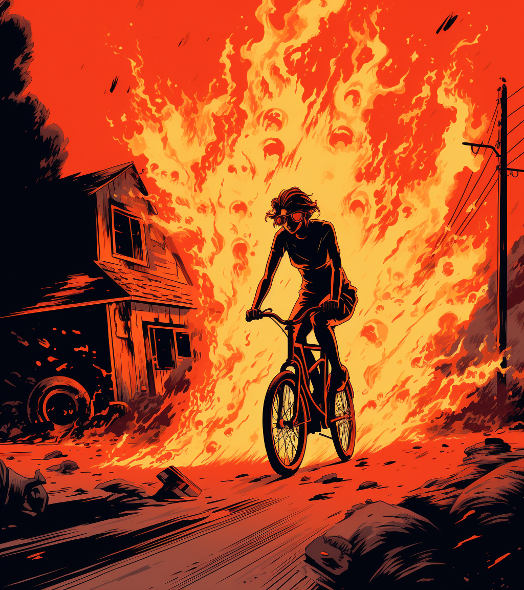 Burning bike with two people on fire