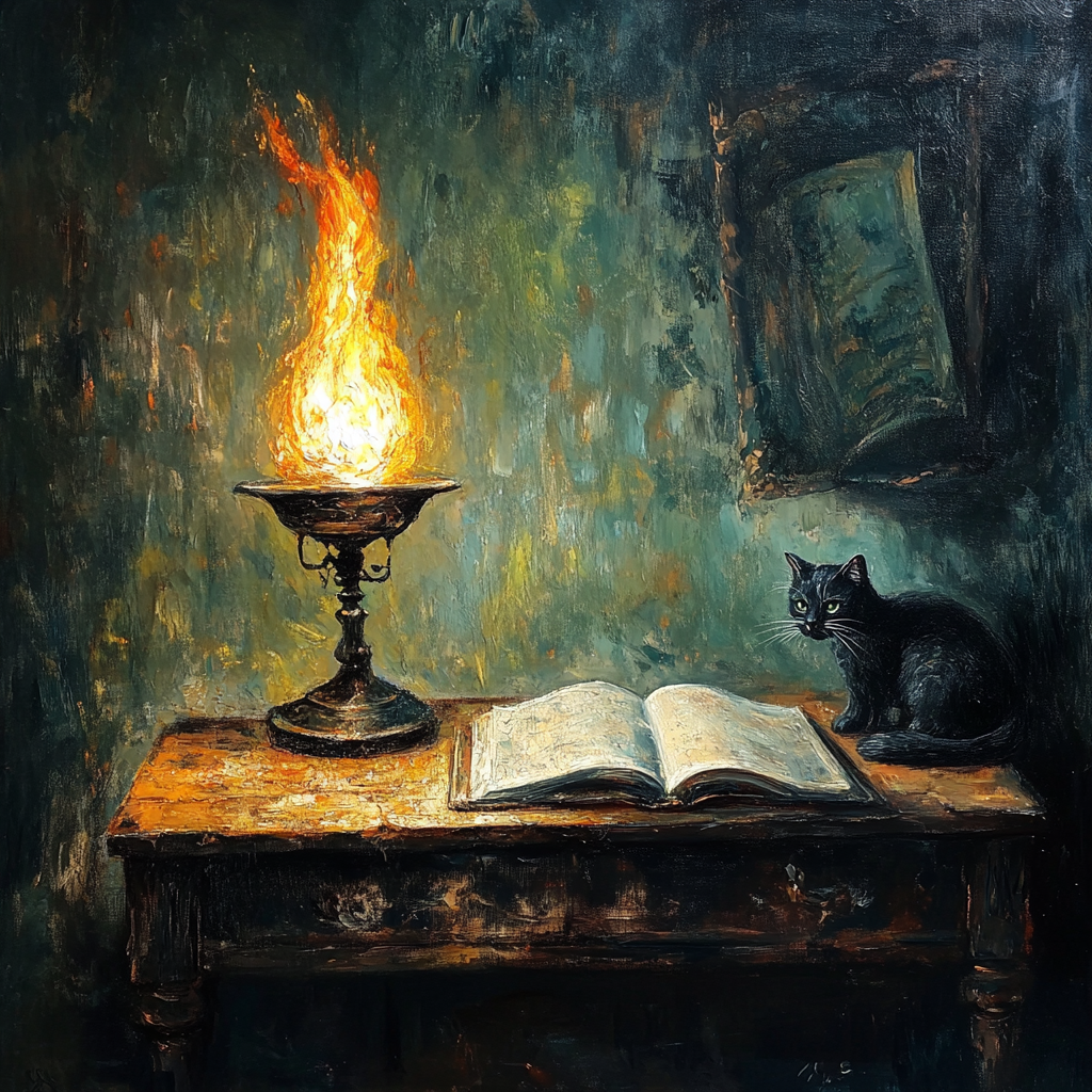 Lamp, Book, Cat, Table Painting