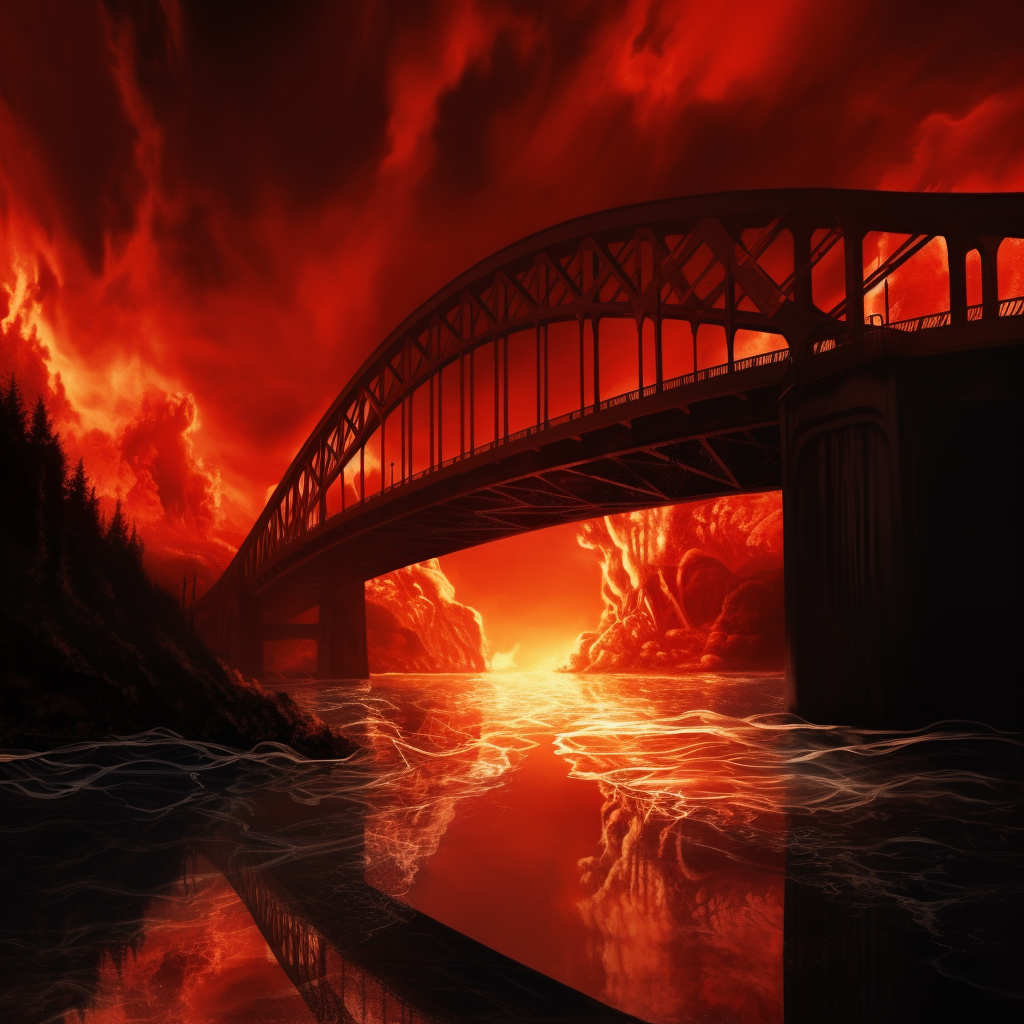 Symbolic bright red burning bridges