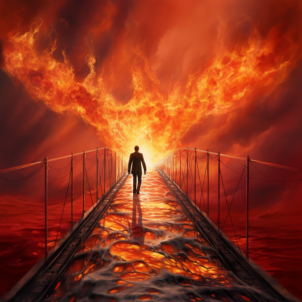 Bright red symbolic bridge on fire