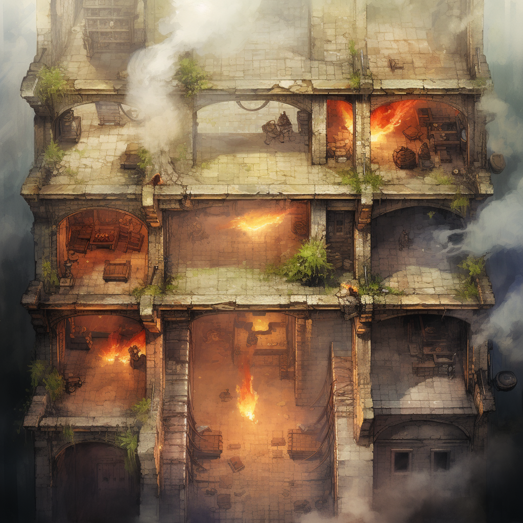 Tactical Battlemap with Burning Building and Ruined Windows