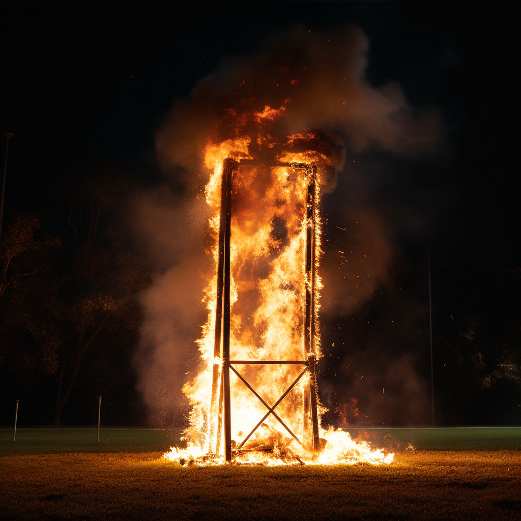 Burning football field goal post