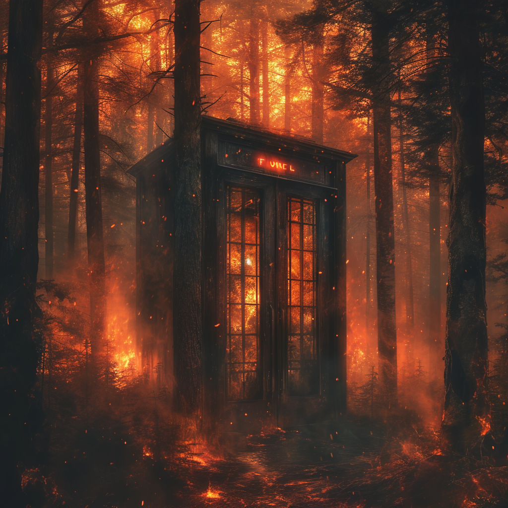 Burning forest with eerie elevator cabin