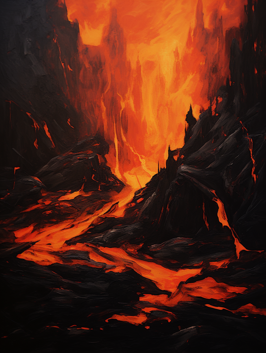 Bold brush stroke acrylic painting of a lava-filled forge