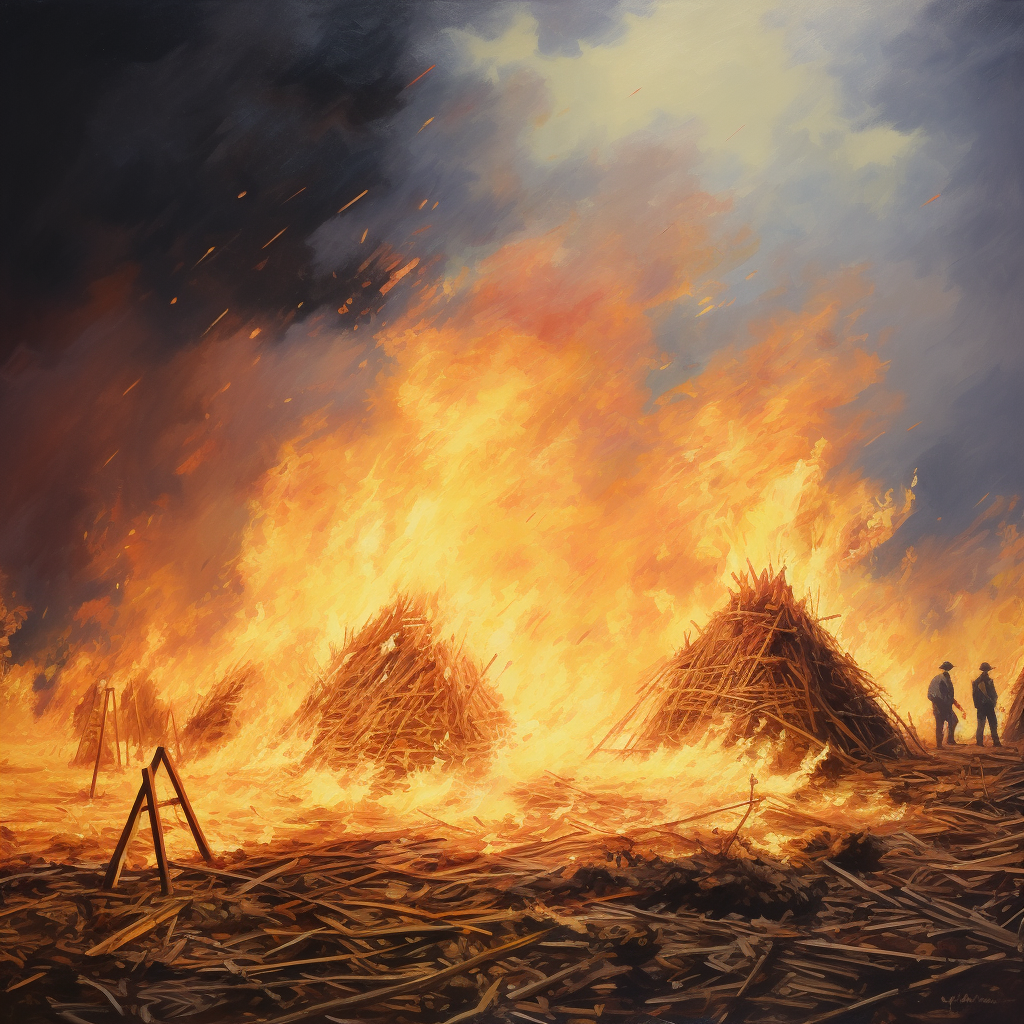 Fiery scene with burning haystacks