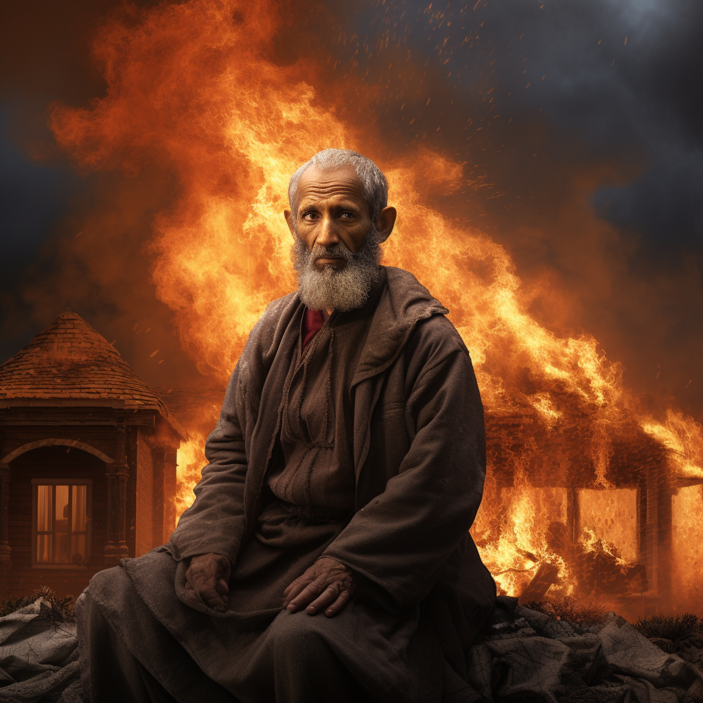 Islamic man in front of burning house