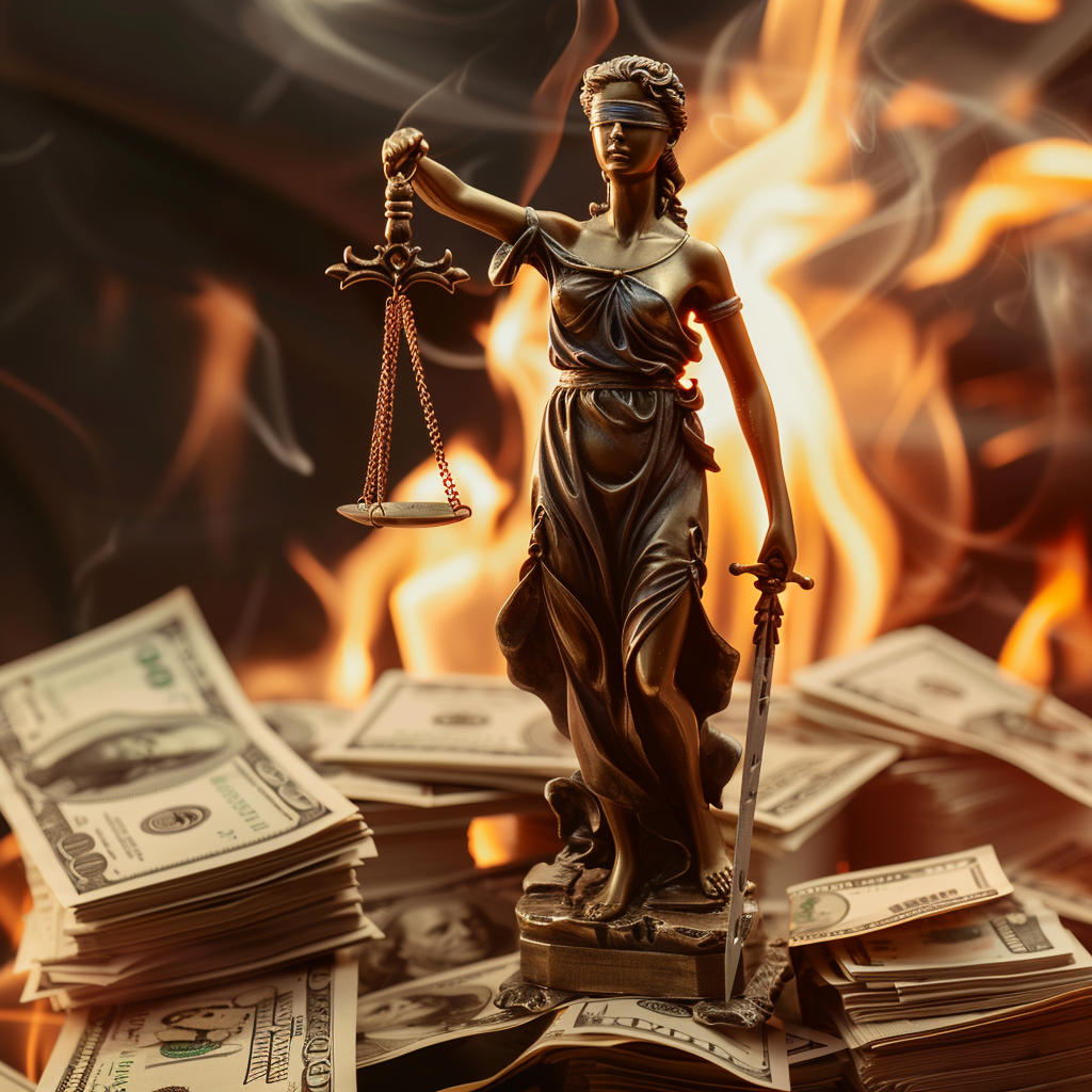 Burning blind justice statue money