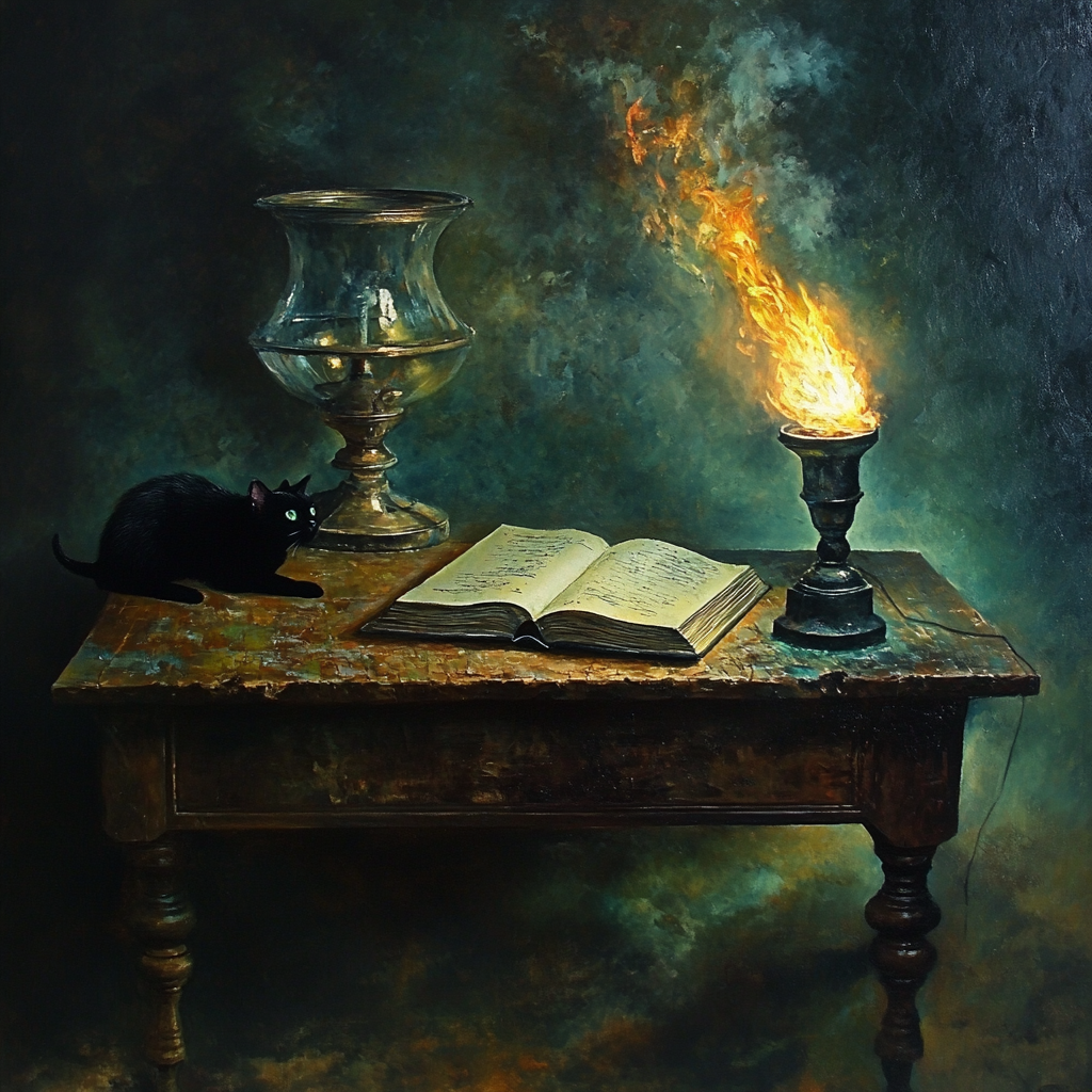 Burning lamp and open book on table