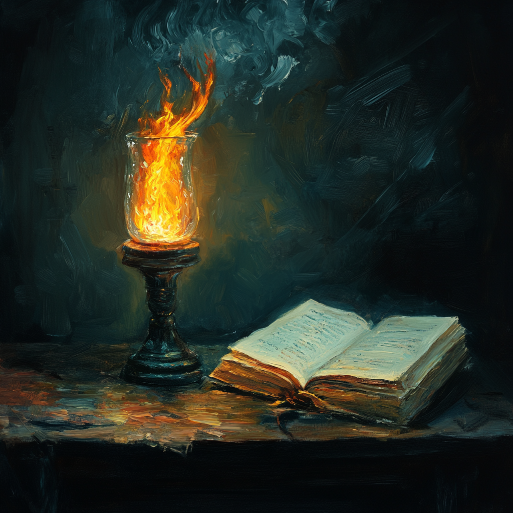 Oil painting of burning lamp on open book