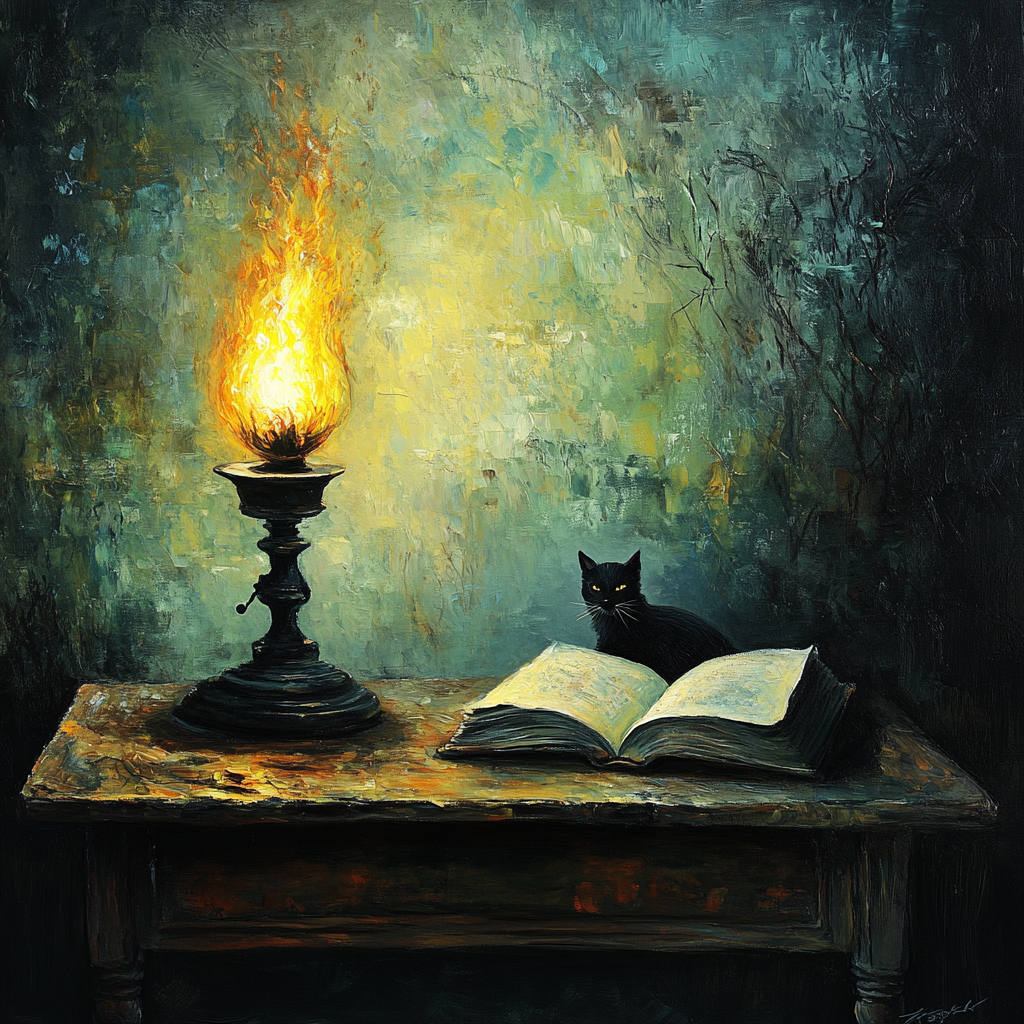 Oil painting of burning lamp and open book