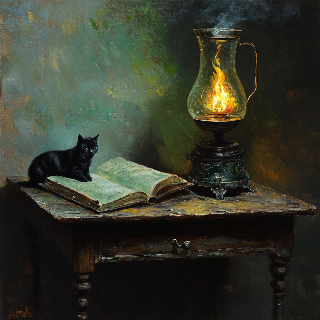 Oil painting of burning lamp, open book, cat on table