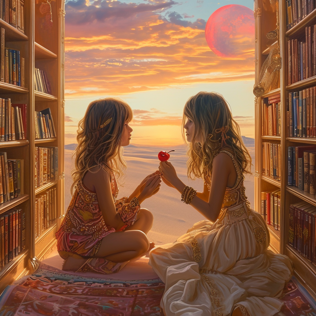 Two girls in Burning Man clothing in desert library mirage