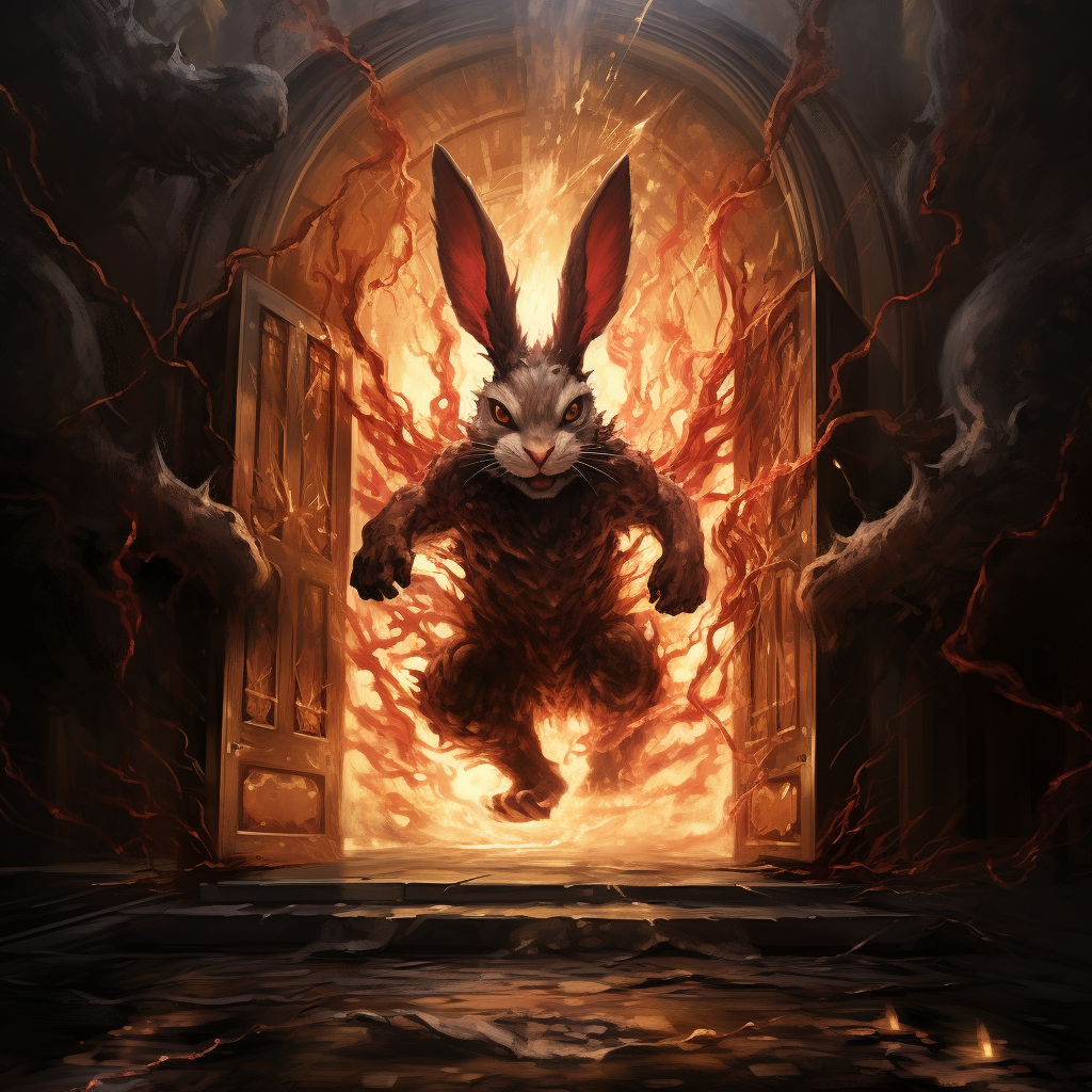 Bunny charging out of burning mansion