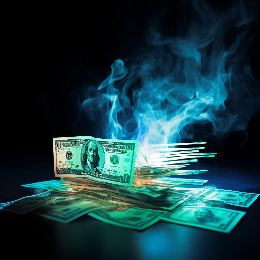 Hologram of burning money in blue atmosphere