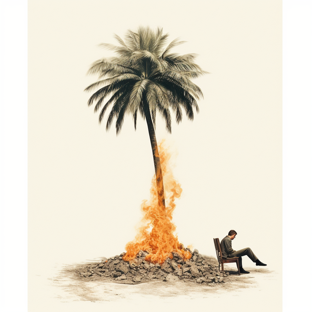 Minimal art of person lying under burning money tree