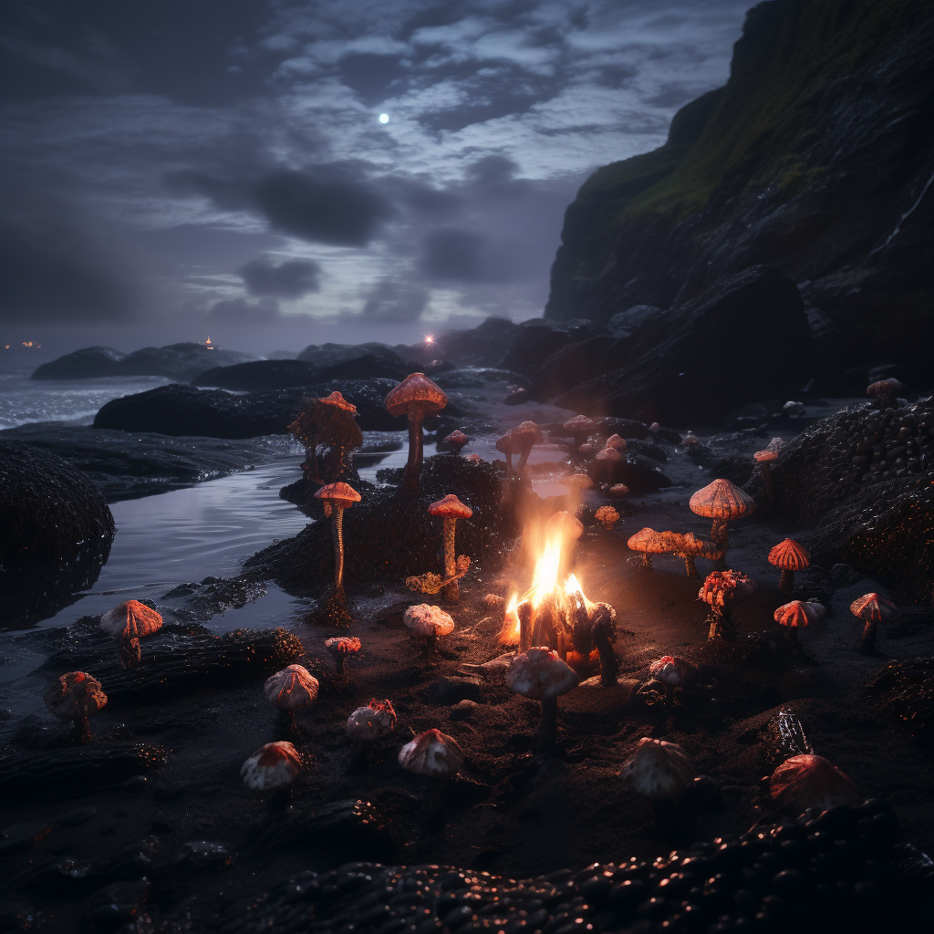 Mesmerizing bonfire of burning mushrooms