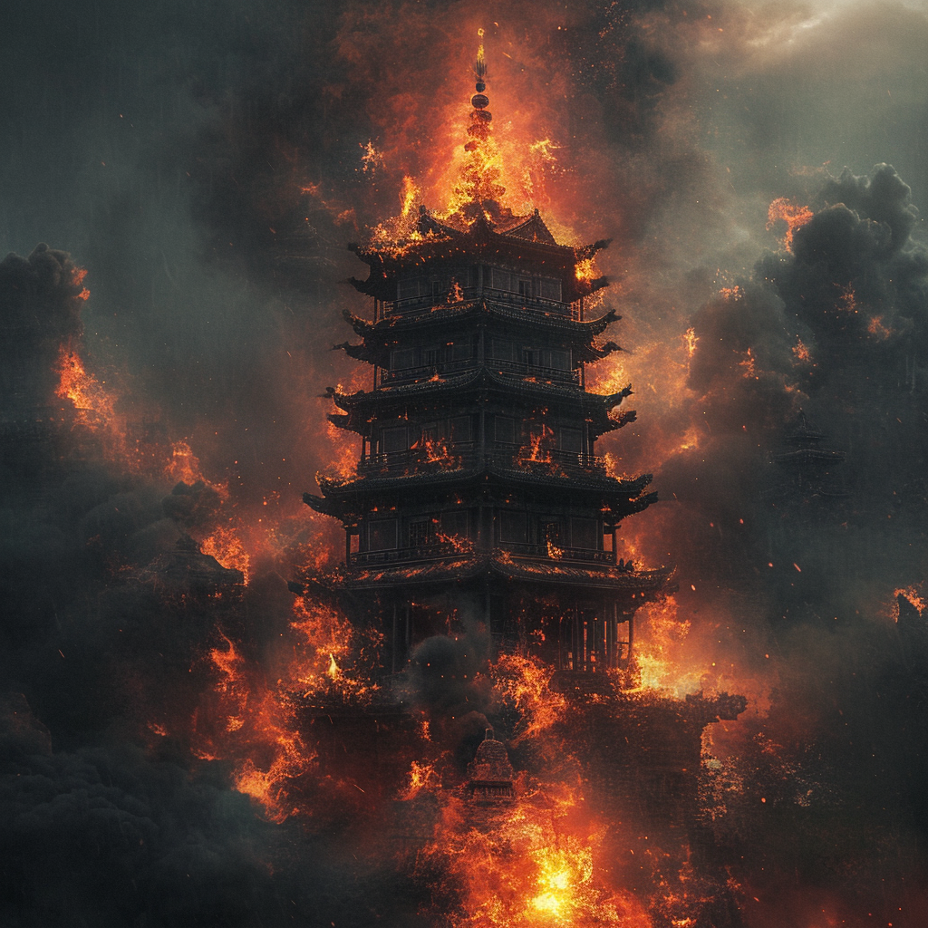 Burning Pagoda on Fire Surreal