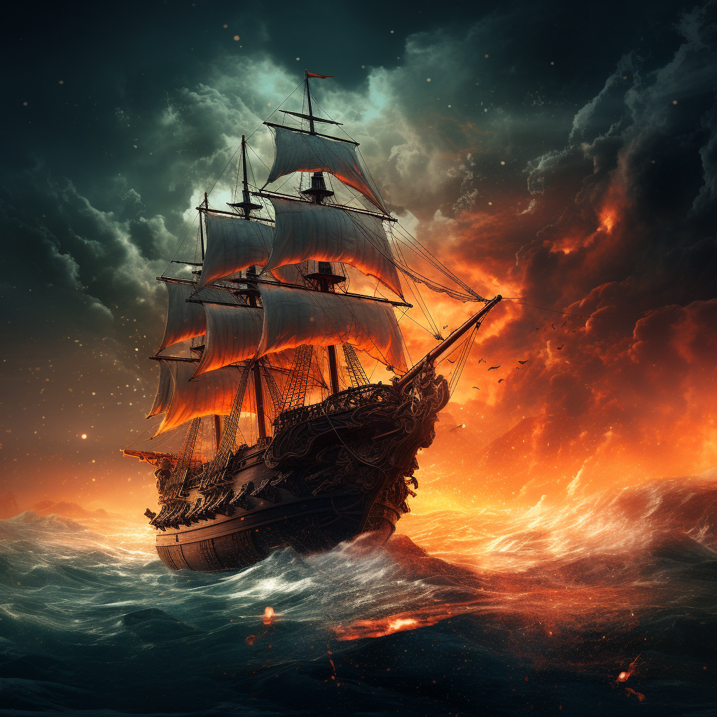 Burning ship with cardinal sail in realistic vintage style