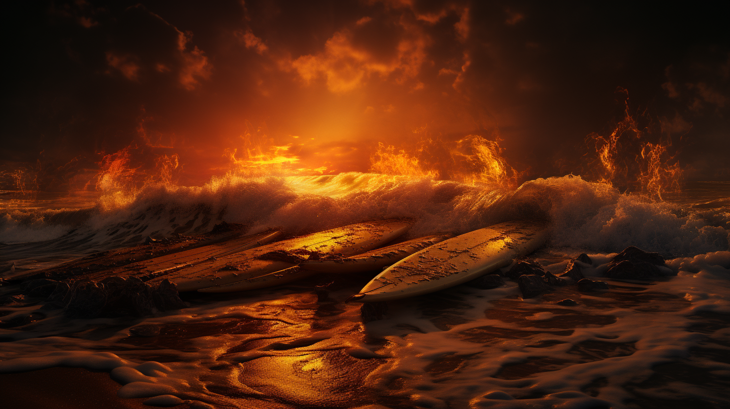 Burning surfboards on stormy beach