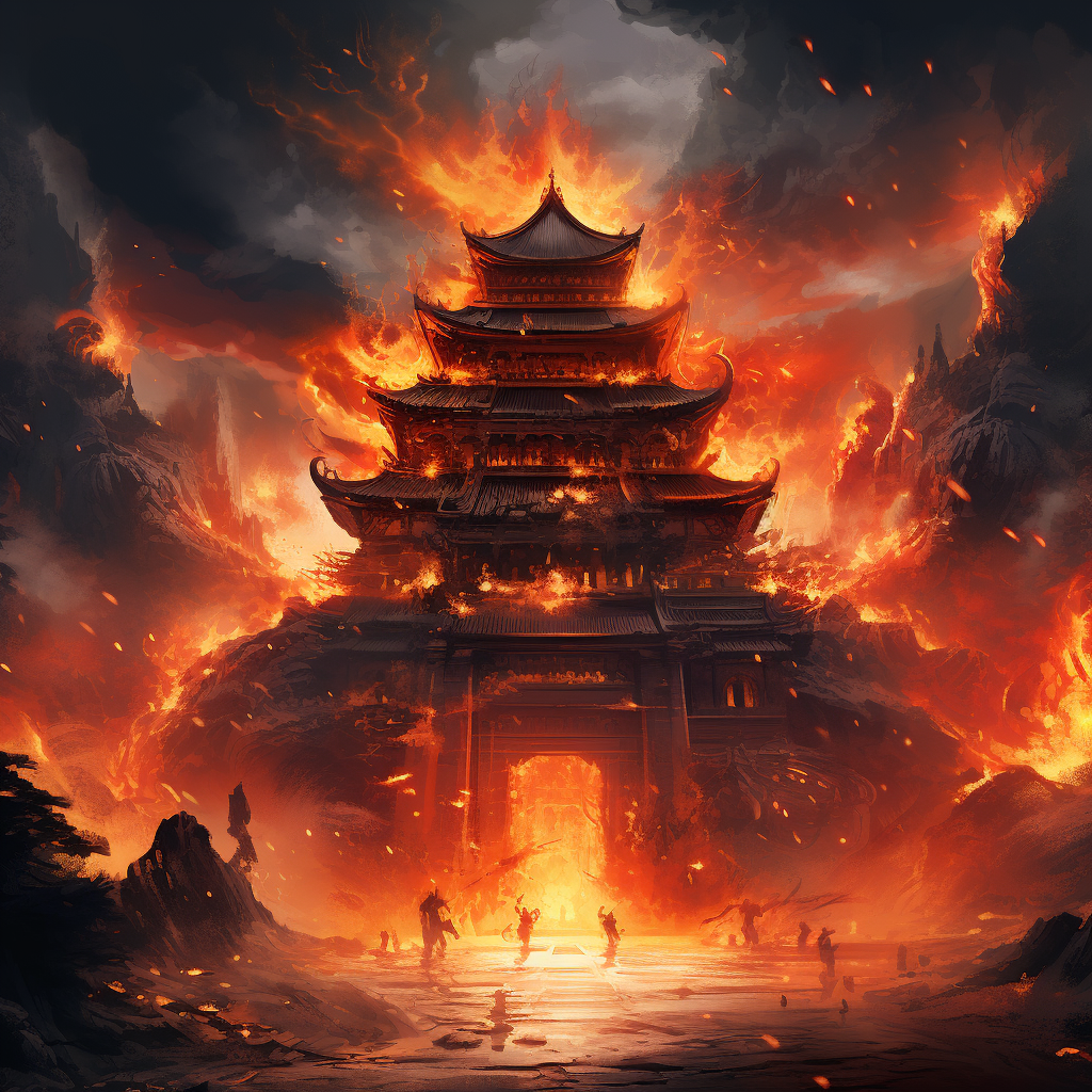 Fantasy art of a burning temple