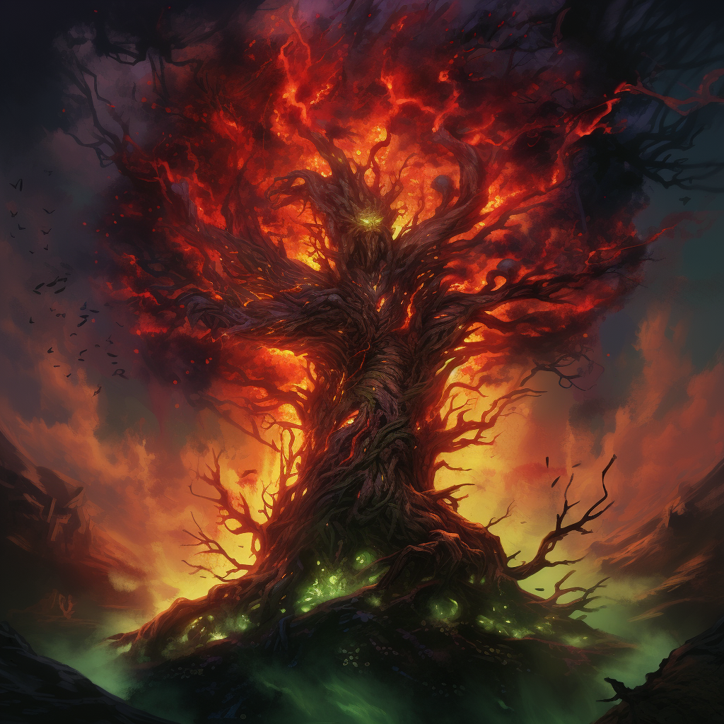 Burning Tree Elemental in Red Green Fantasy Horror