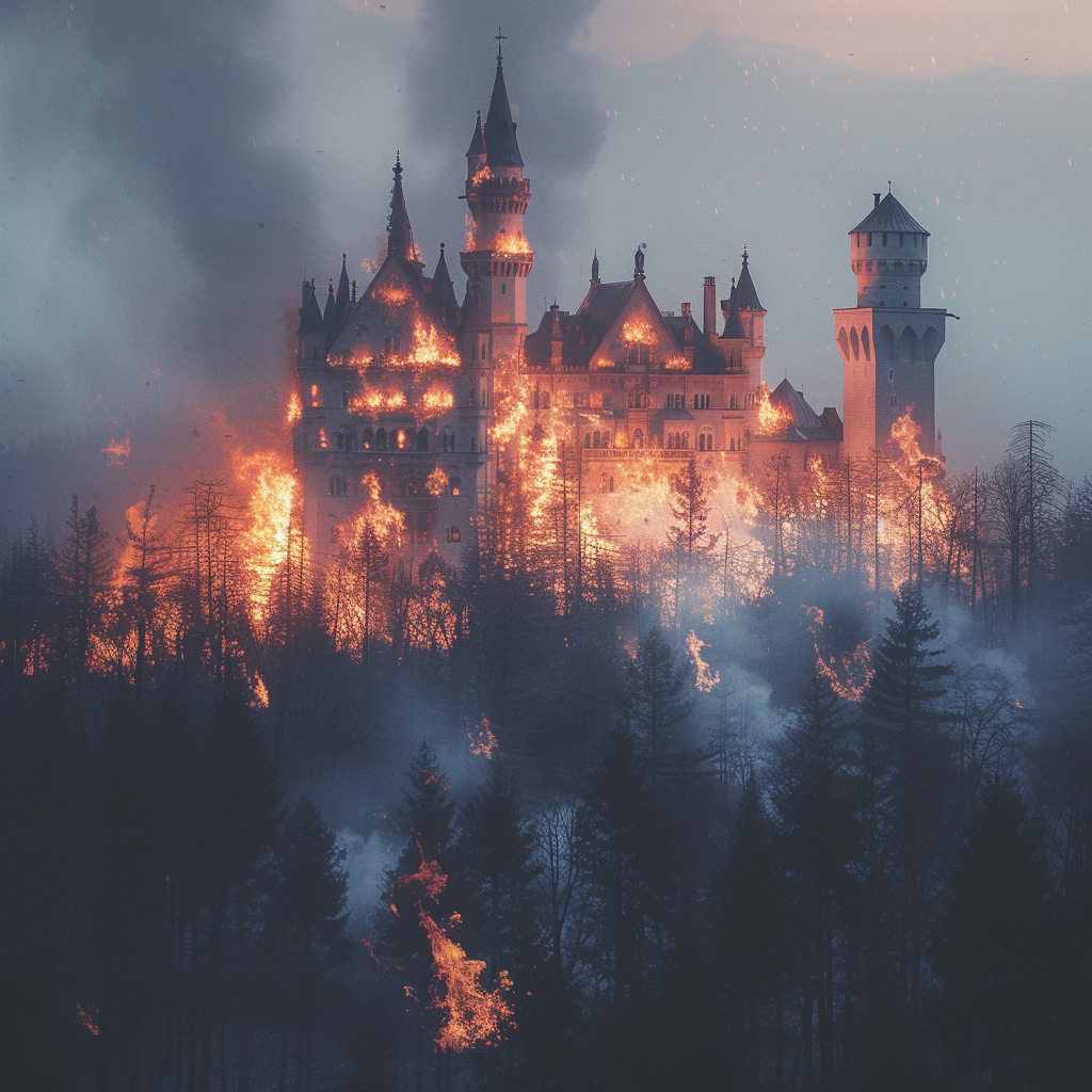 Burning trees near giant castle