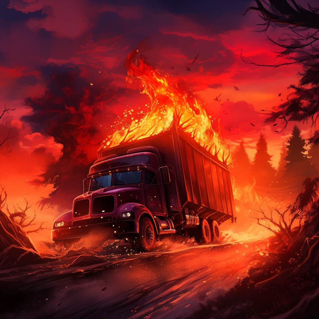 Burning truck with red skies