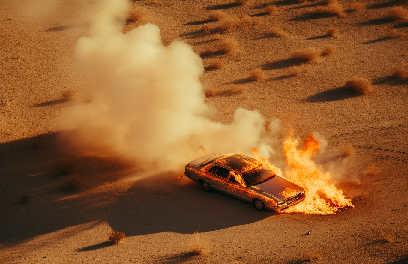 Burning vehicle in desert activism aerial