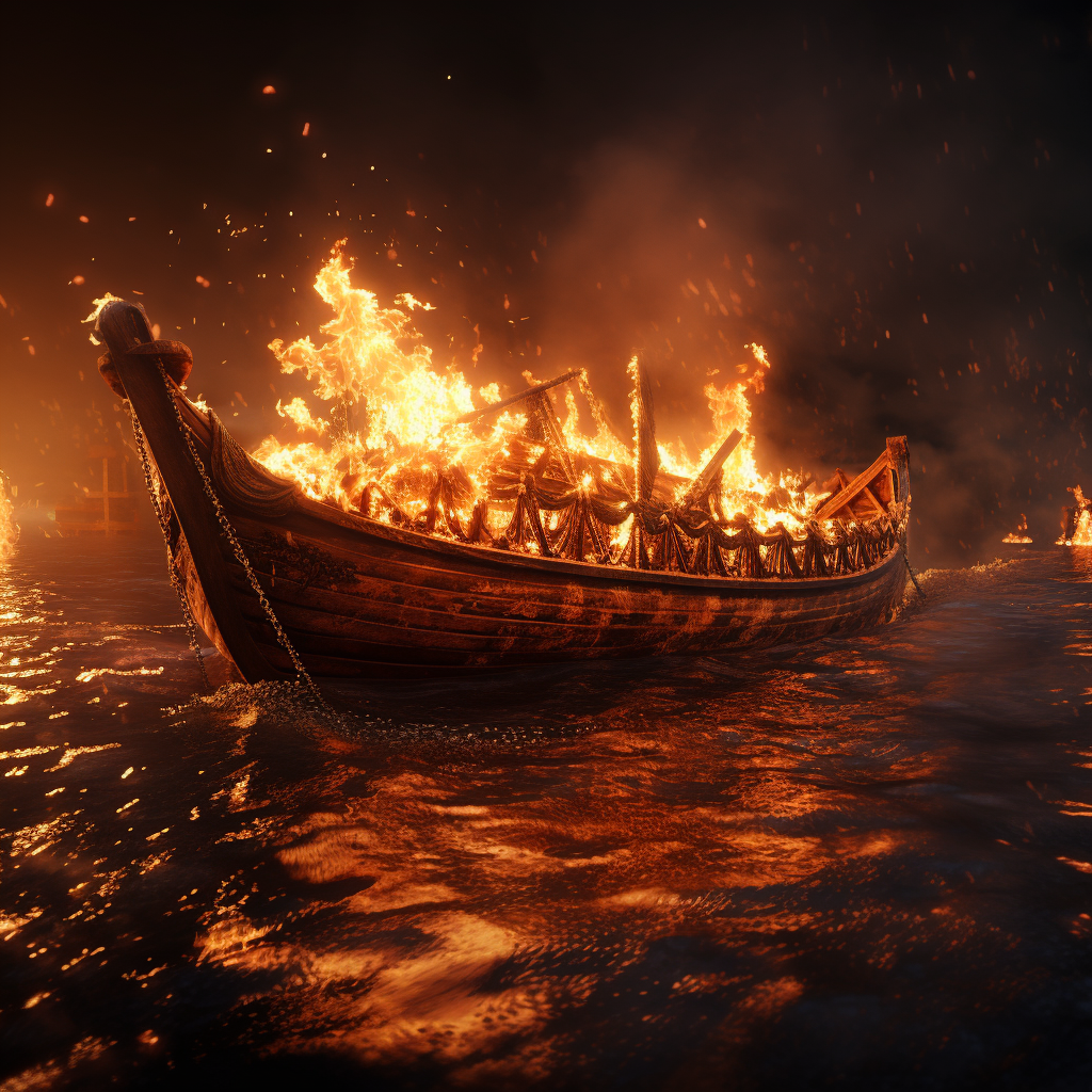 Burning Viking Boat on Sea