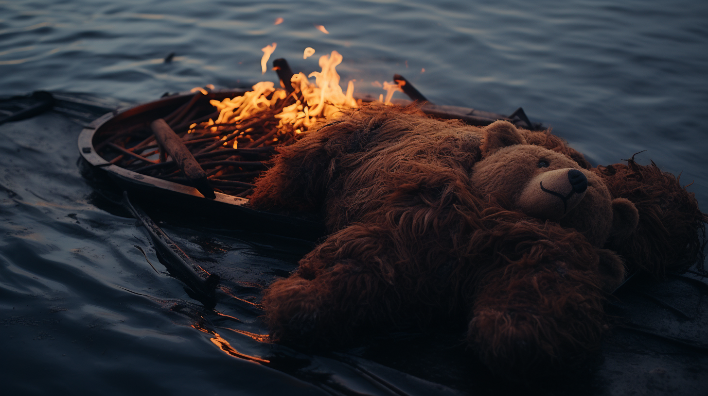 Burning Viking ship with dead teddy bear