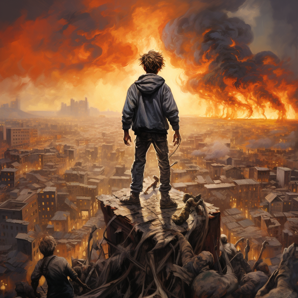 Young boy standing above burning city chaos