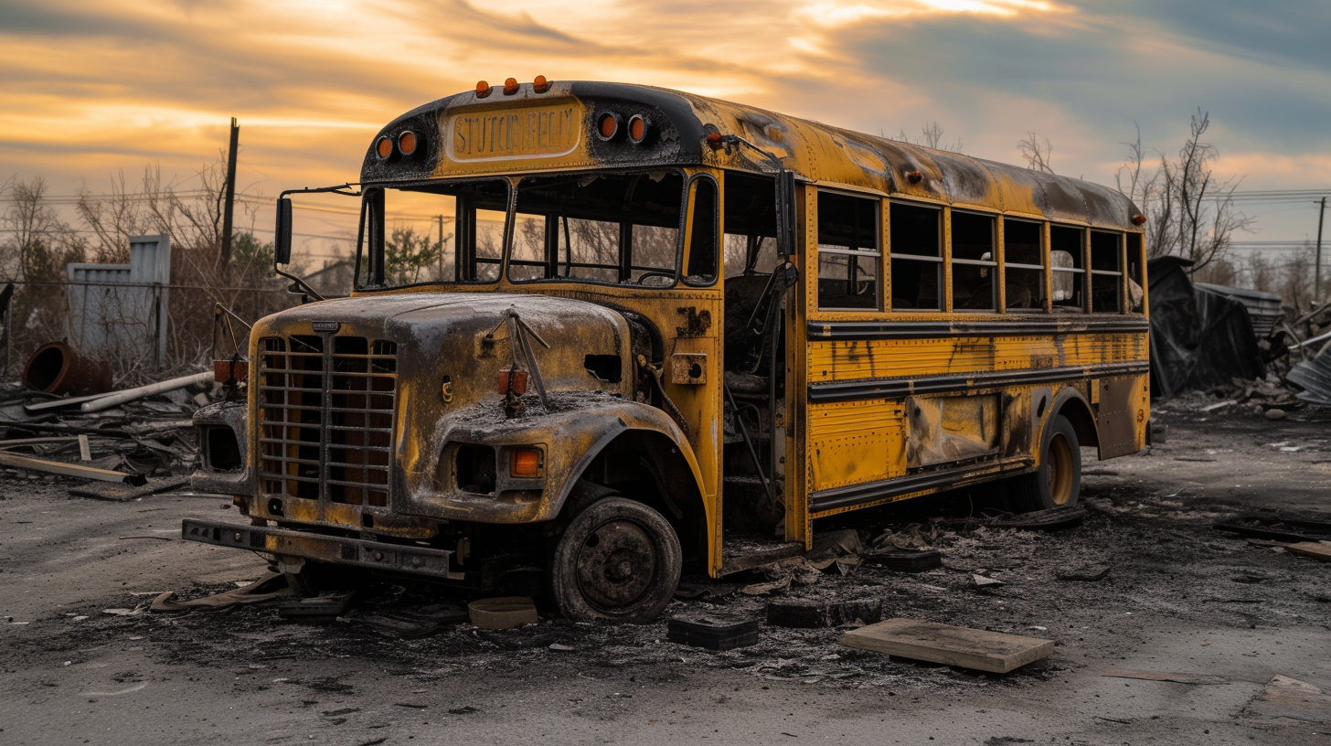 Burnt School Bus Tank Fireman Truck Yellow Bus Pump