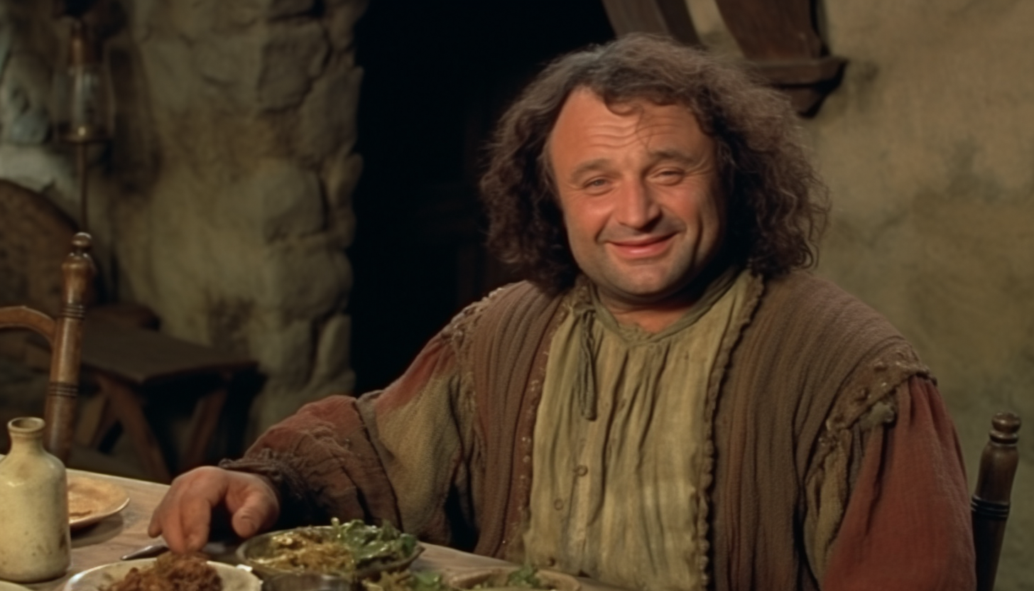 Image of medieval beggar Burt Young in a tavern