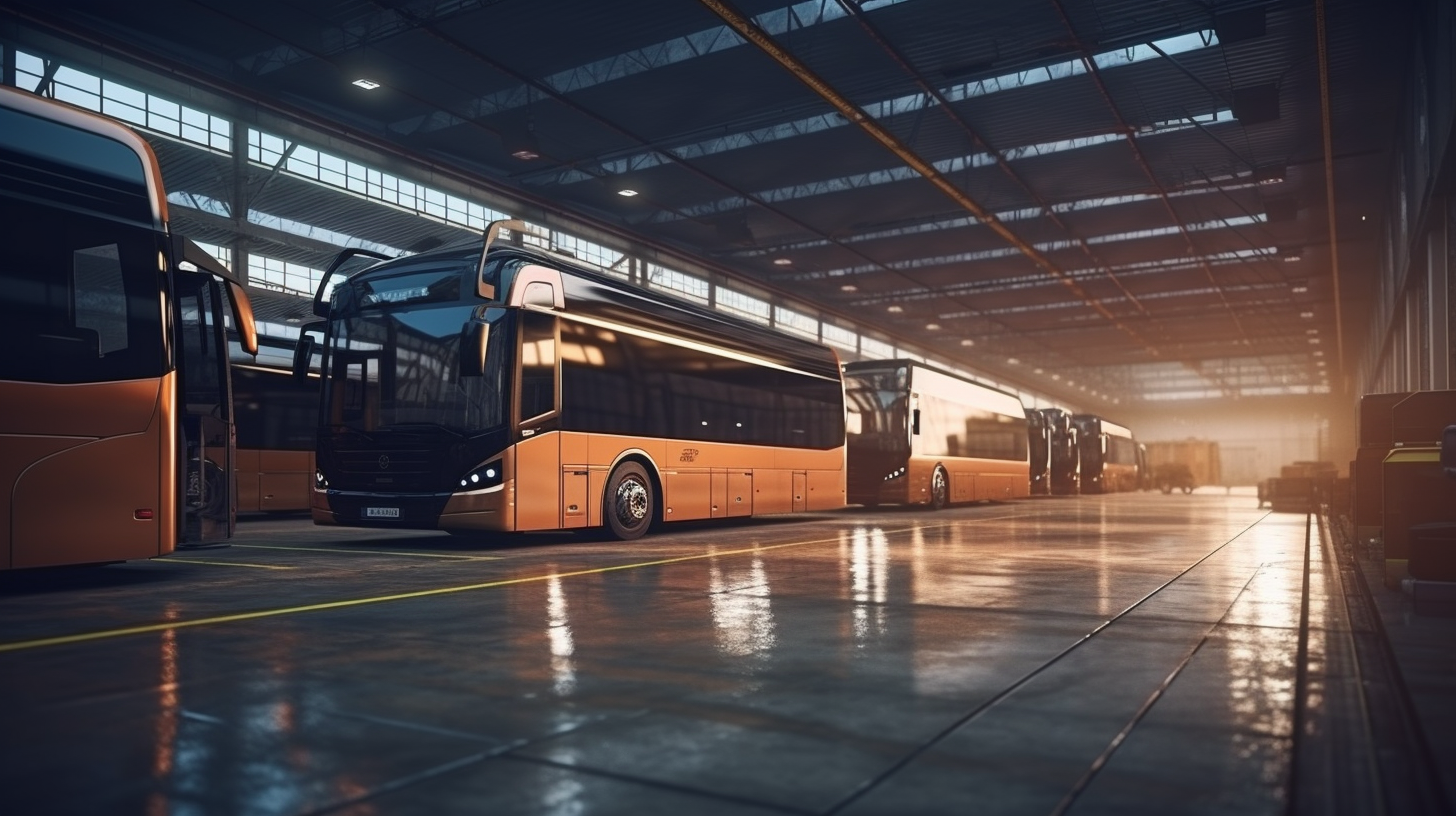 Buses parked in a depot shed