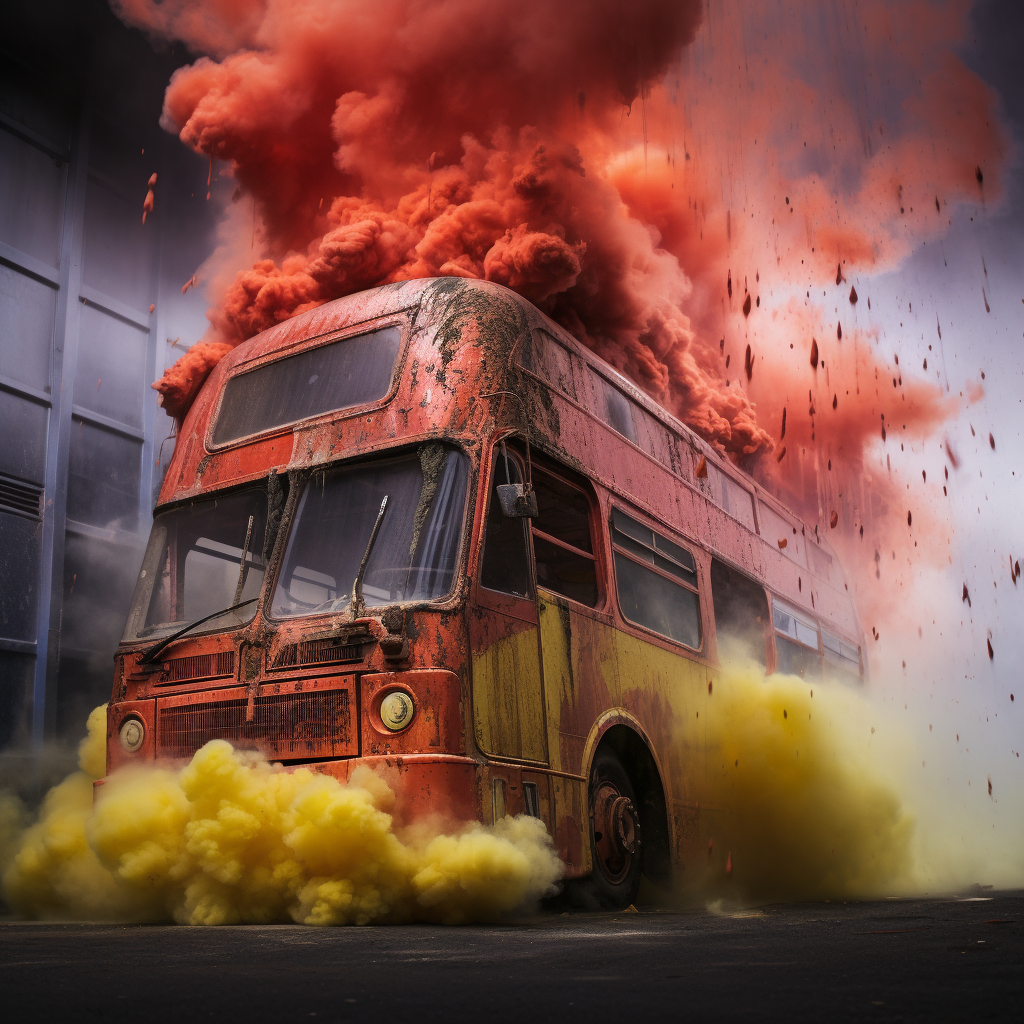 Vibrant bus with red and yellow smoke