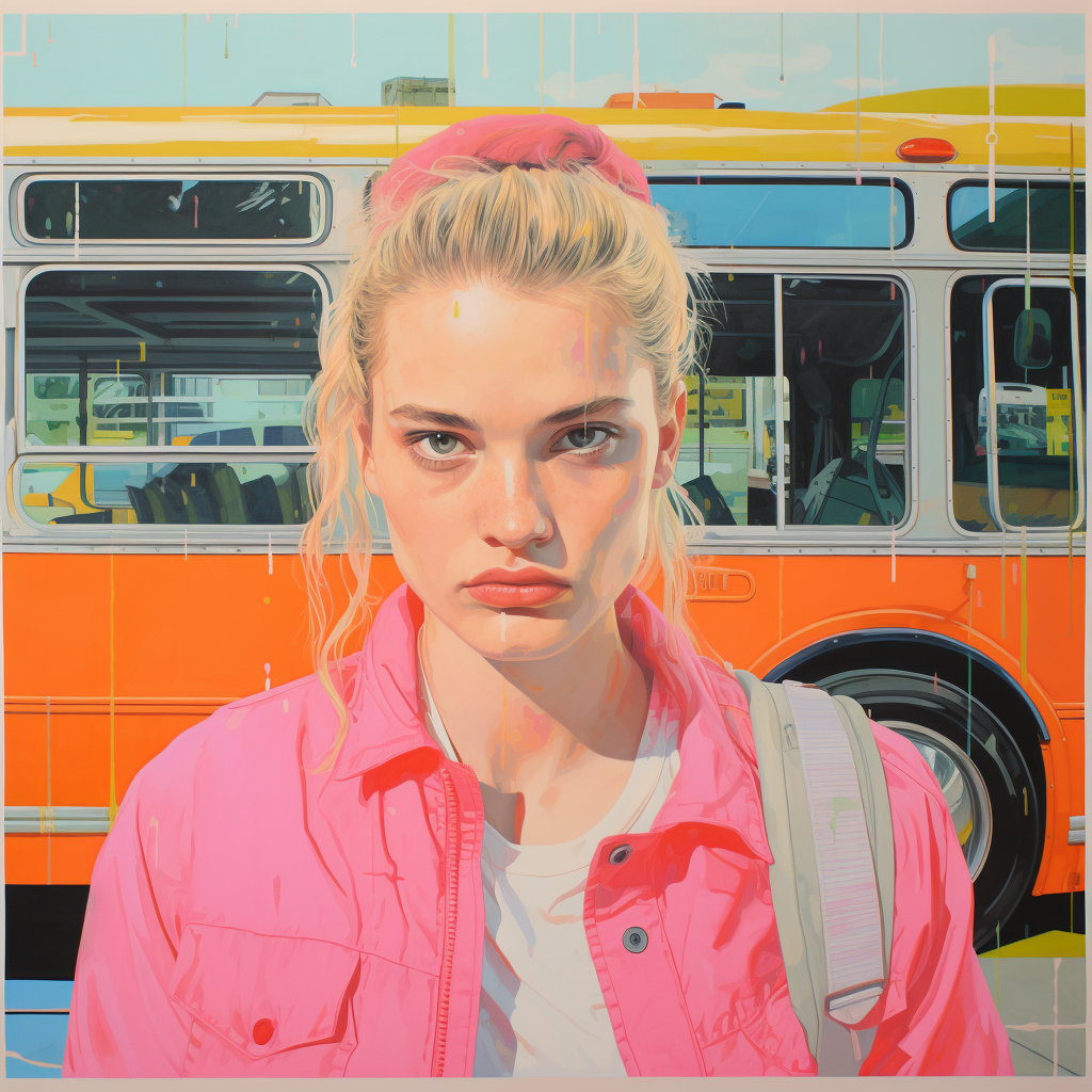 Colorful bus and girl painting