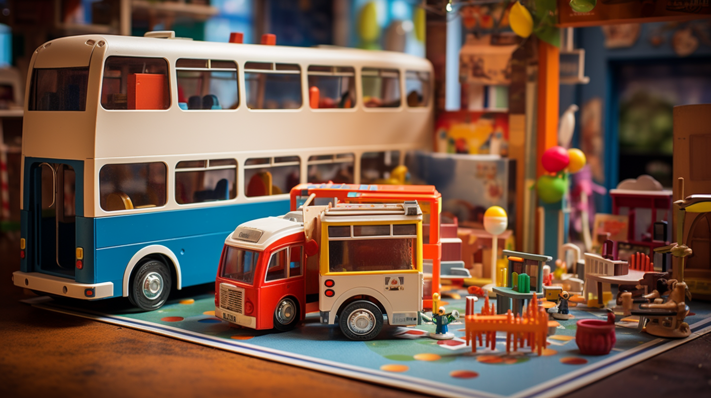 Toys displayed inside bus stand cardboard