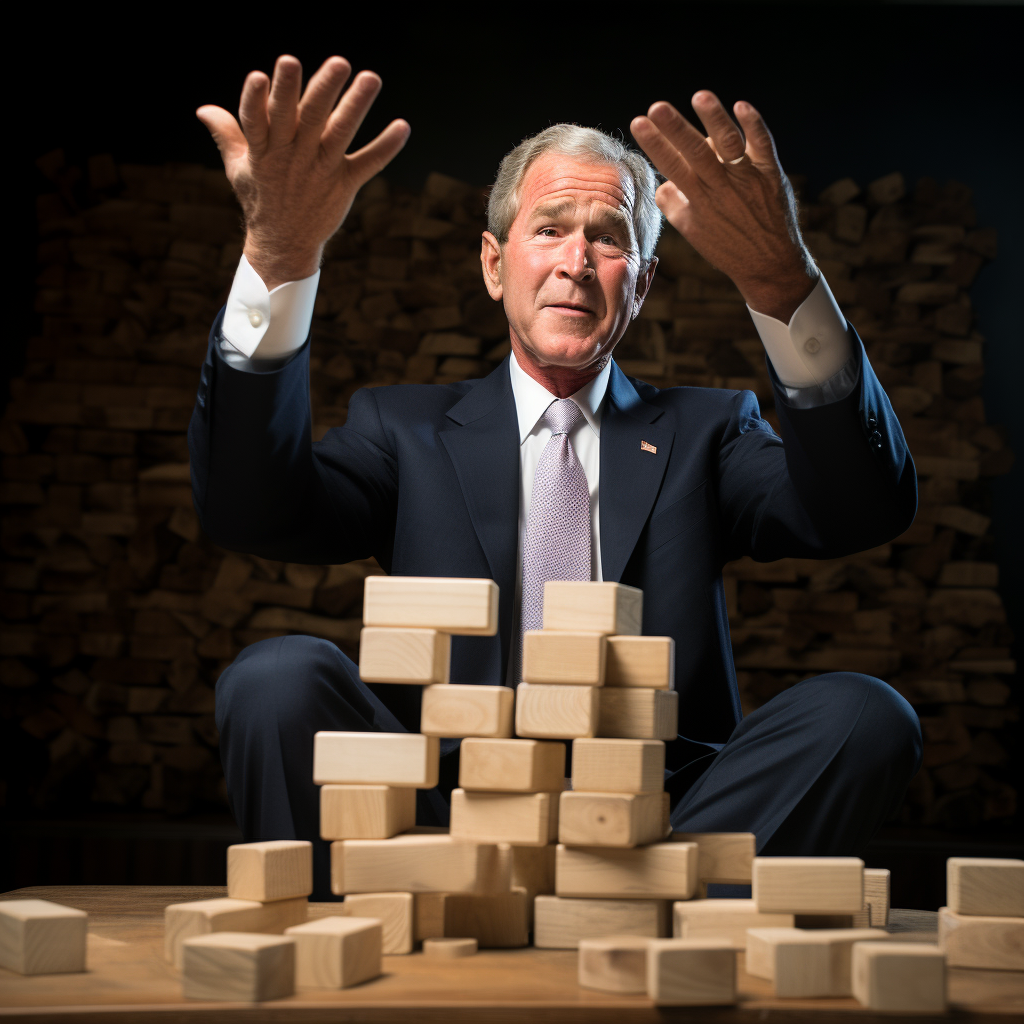 George W Bush playing jenga with airplane model