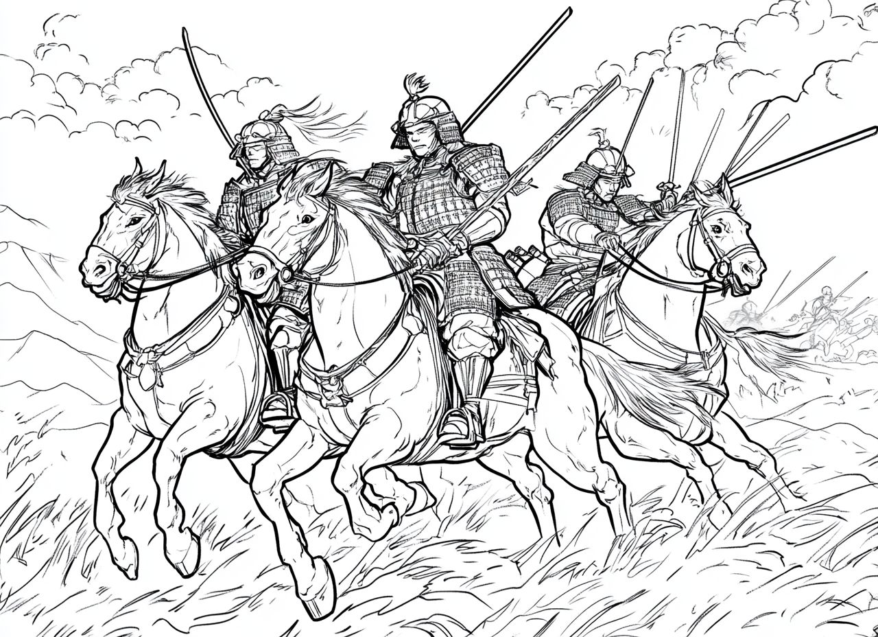 Bushido Samurai Riding Horse Coloring Page