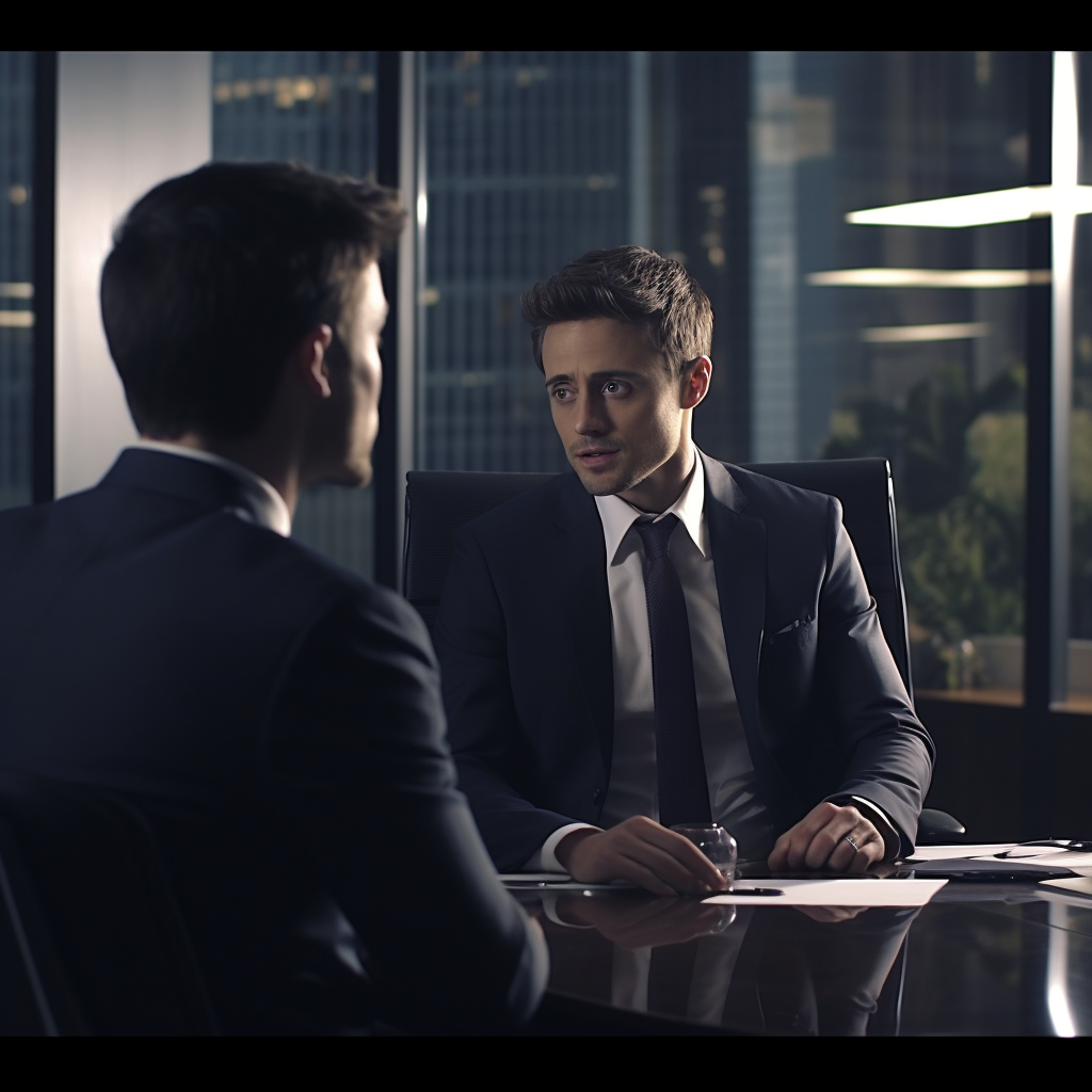 Business man talking to his client in a cinematic office setting