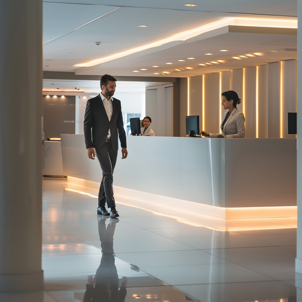 man walking concierge counter suit