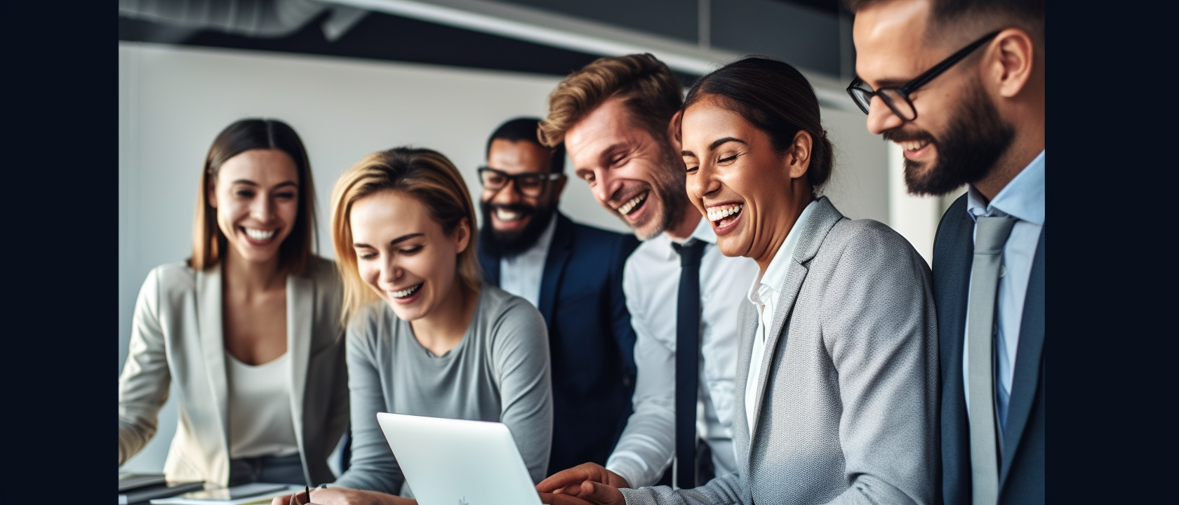 Smiling business people looking into a screen