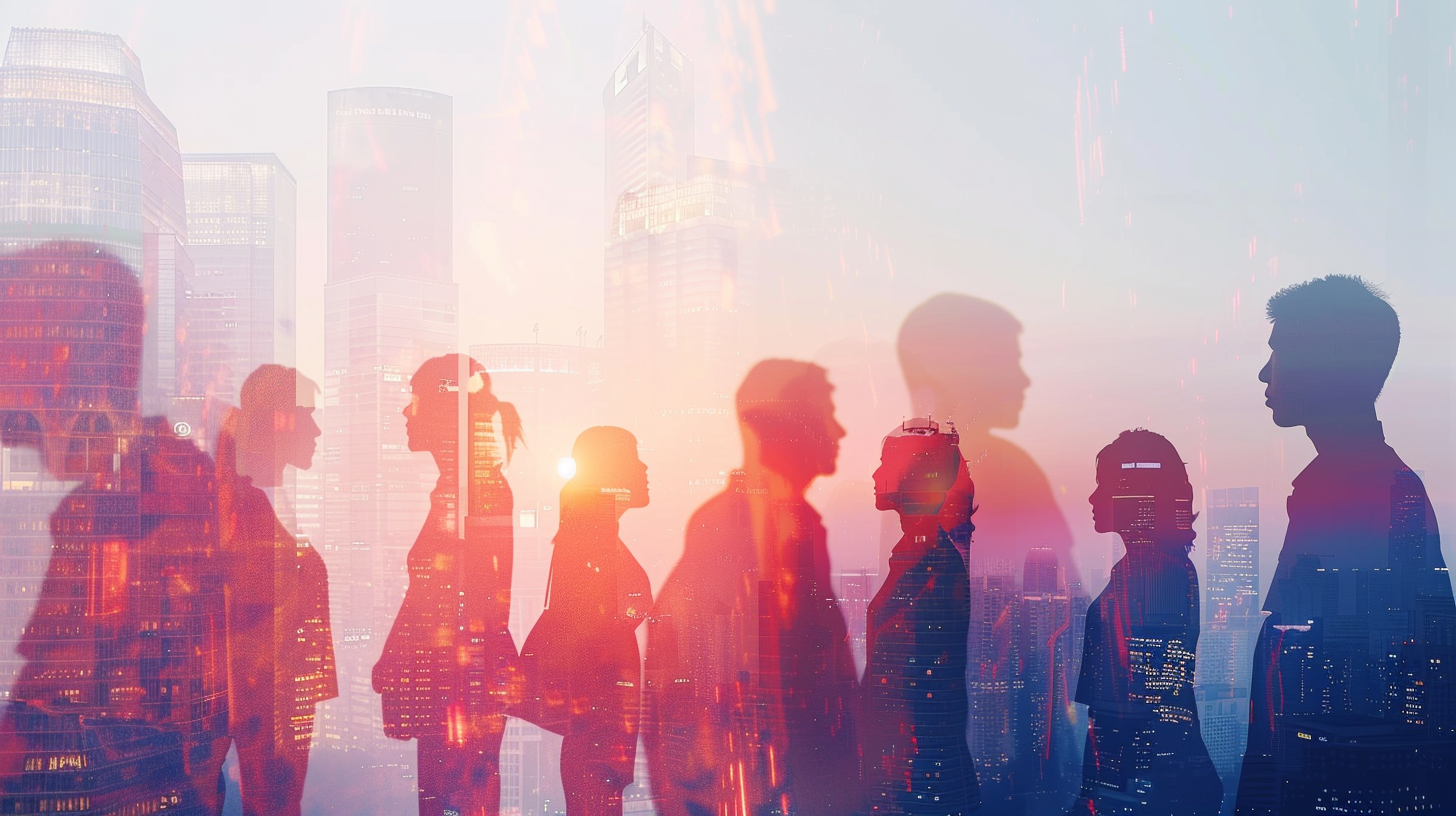 Silhouettes of business professionals and cityscape