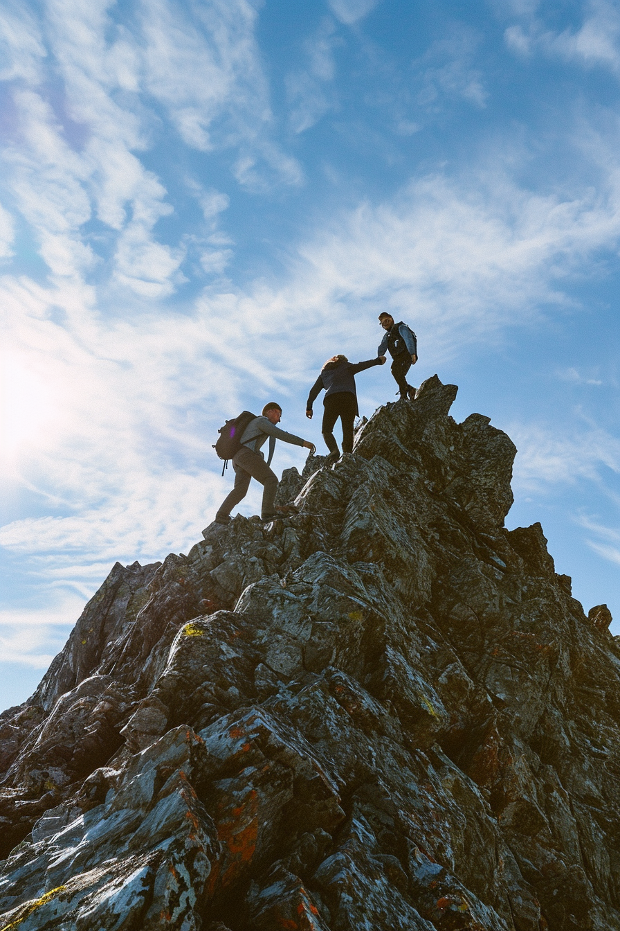 Business team climbing mountain together