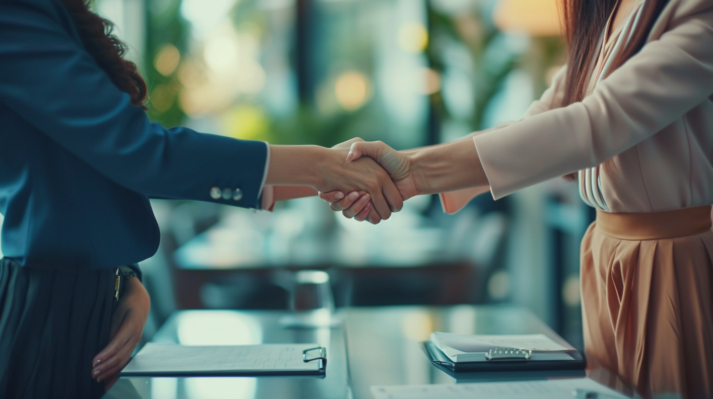 Business women shaking hands at table