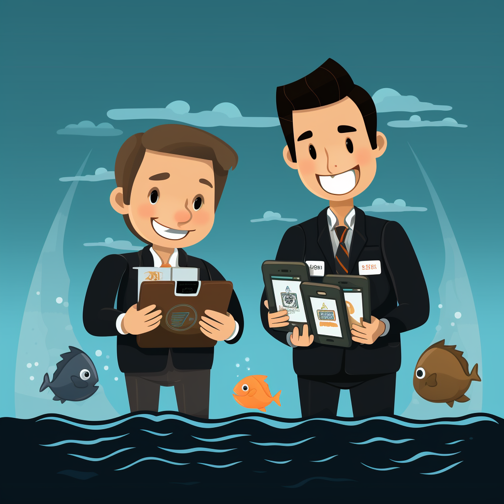 Two characters holding tablets, one showing 'BOOK' and the other a container vessel on the sea