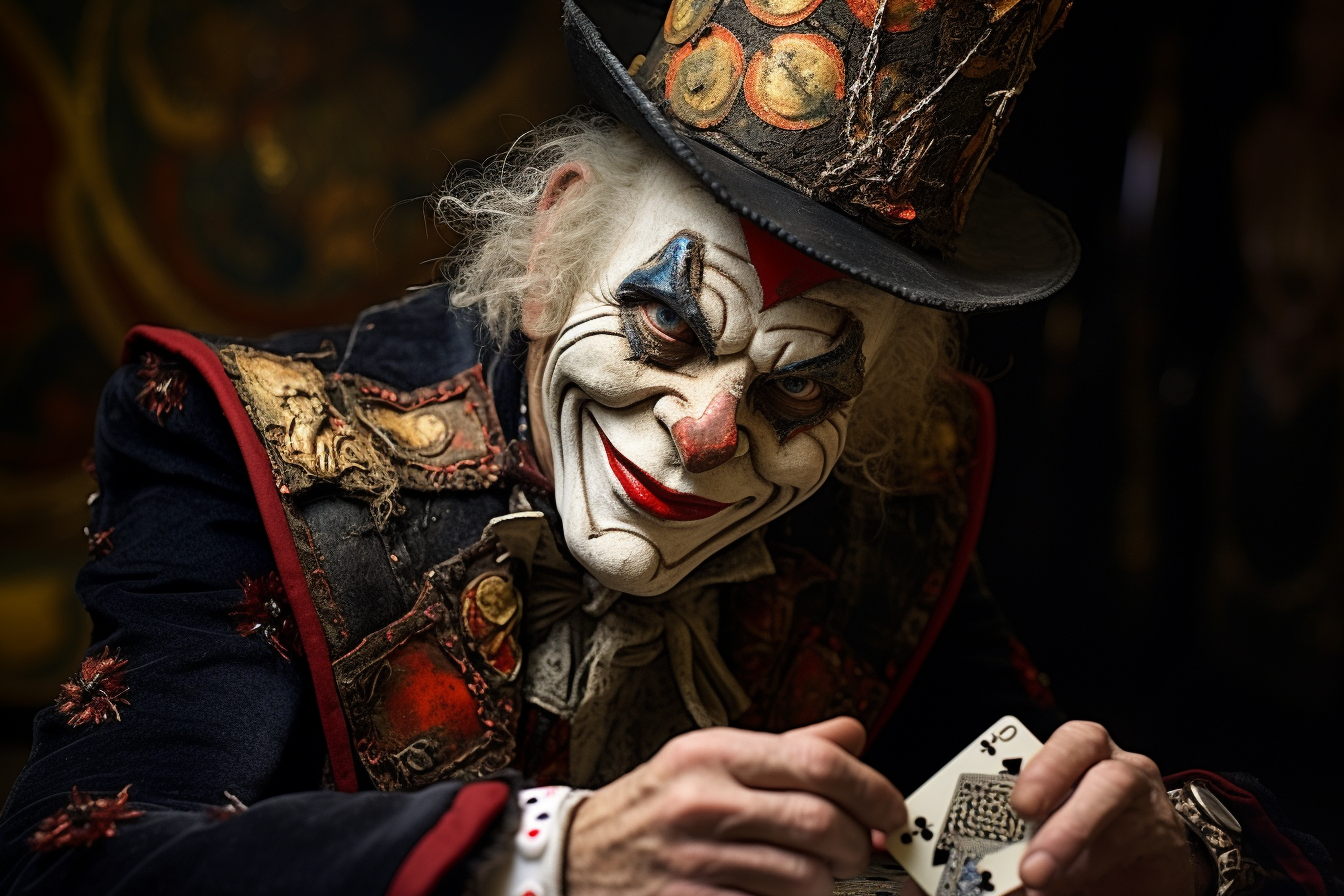 Businessman wearing Arlequin mask holding tarot card