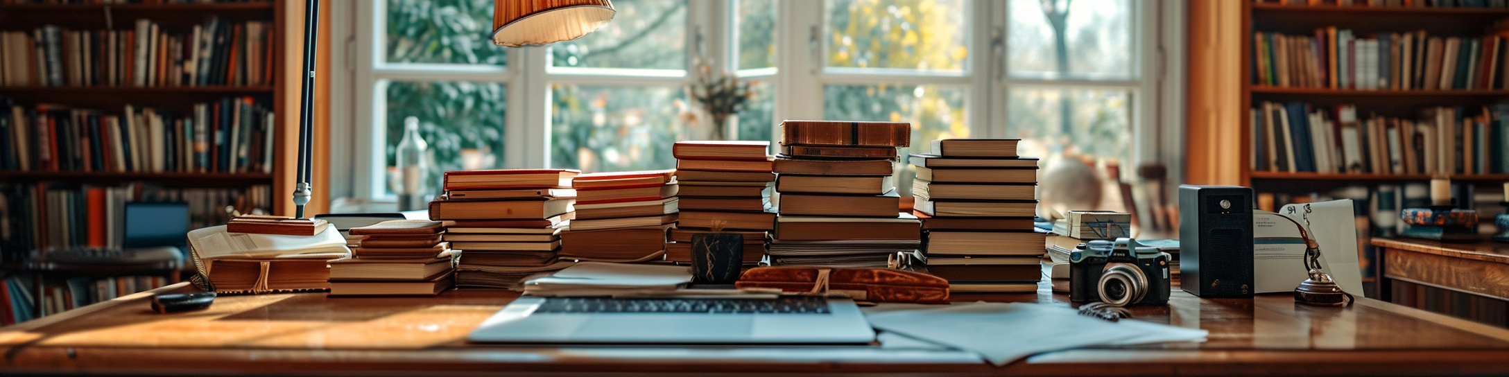 Businessman desk with piles of books and microphone