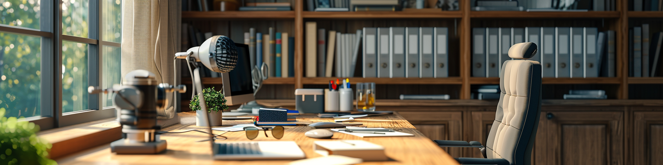 businessman desk with books and professional podcast mic